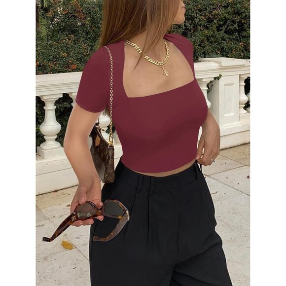 🆕 Women Red Square Neck Crop Top Sexy Short Sleeve Cute Basic Cropped T Shirts - Picture 5 of 6